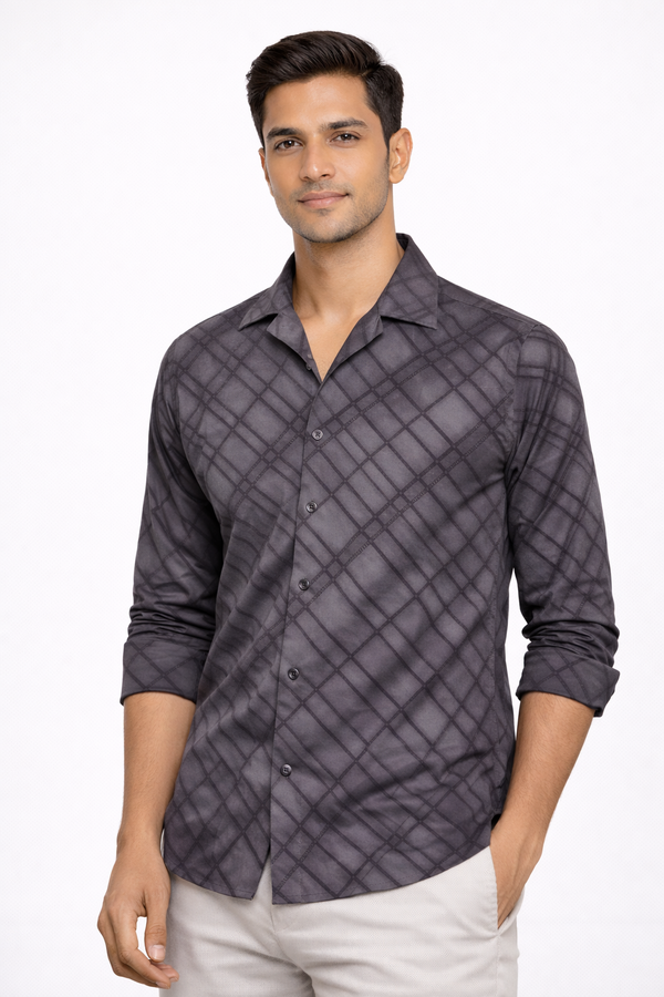 Grey Cuban Collar Designer Shirt