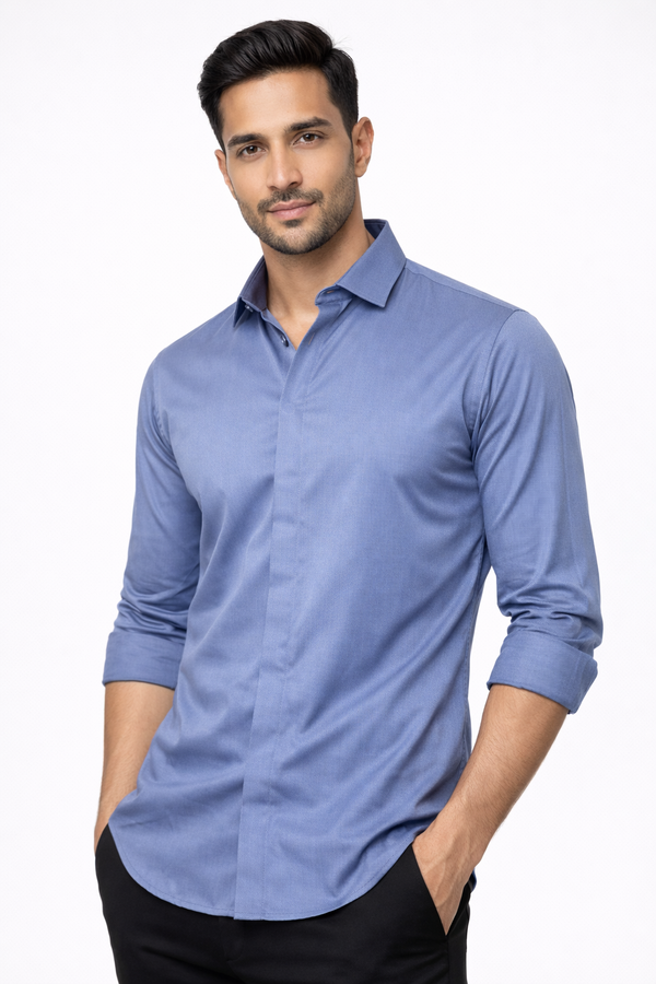 Blue Hidden Placket Shirt