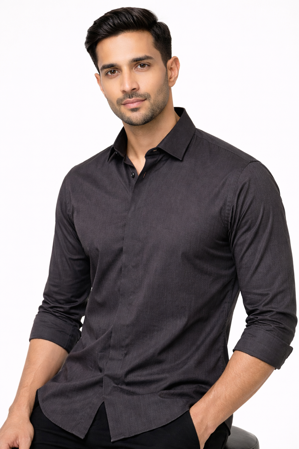 Charcoal Grey Hidden Placket Shirt