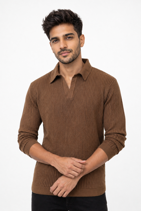 Brown Netted Collar Tee