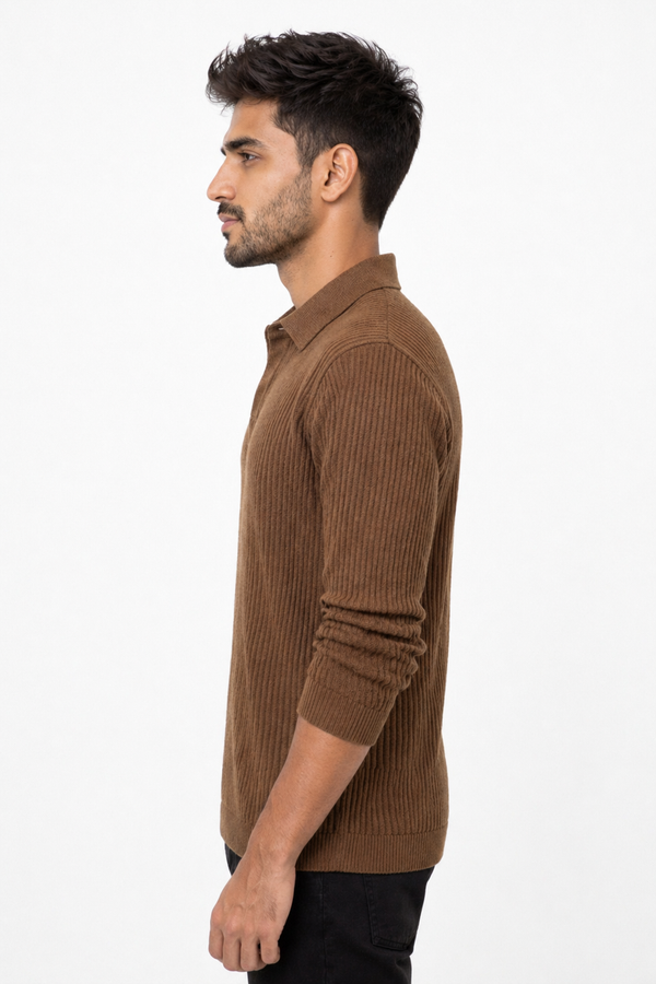 Brown Netted Collar Tee