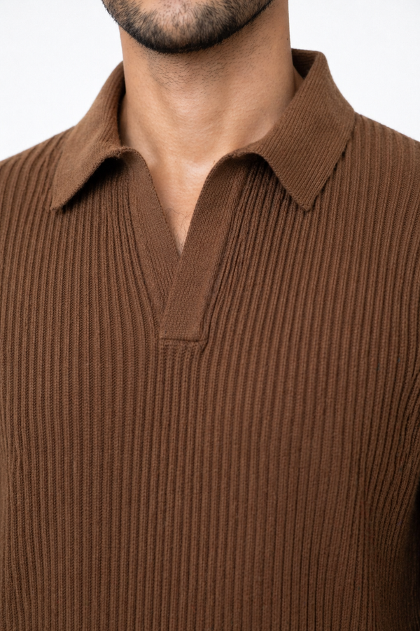 Brown Netted Collar Tee