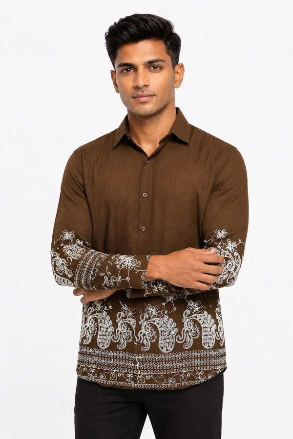 Brown Embroidery Designer Shirt