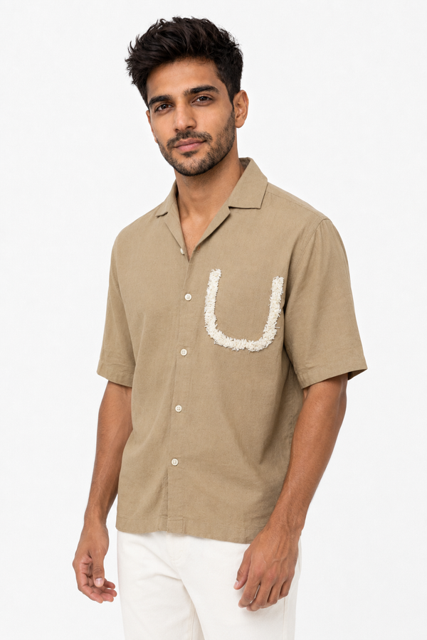 Cream Half Sleeve Designer Shirt