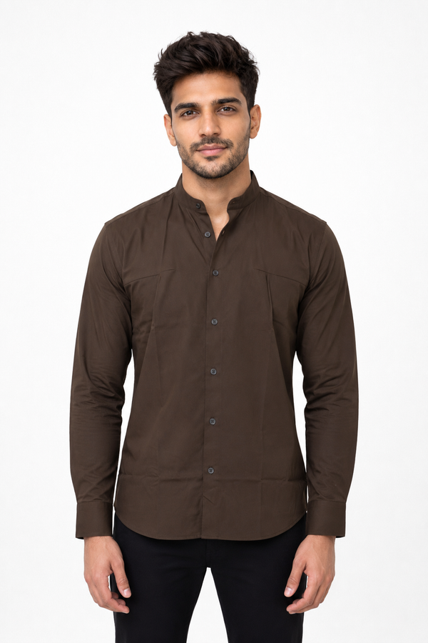 Dark Brown Chinese Collar Shirt