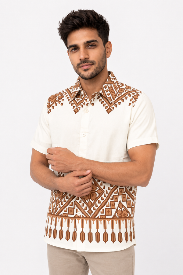 Cream Boxy Printed Shirt
