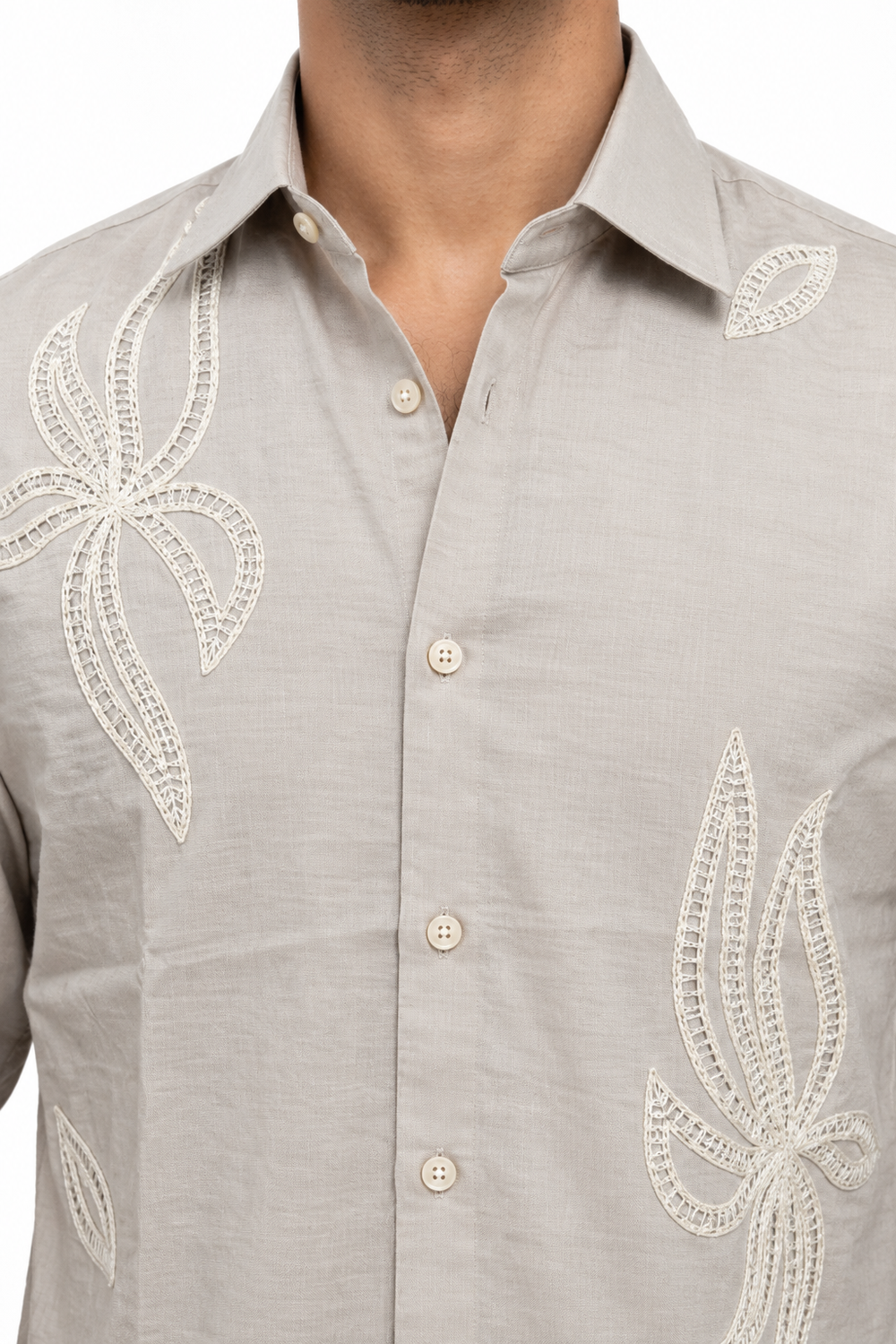 Beige Floral Embroidery Shirt