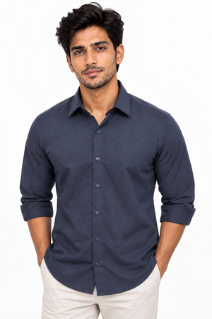Navy Blue Linen Blended Shirt