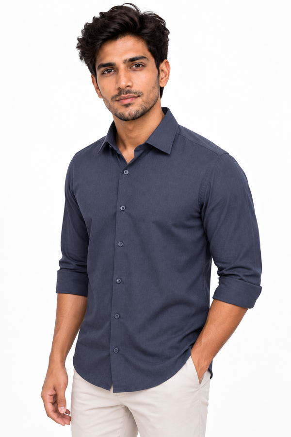 Navy Blue Linen Blended Shirt