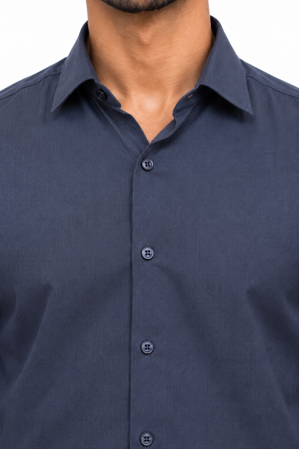 Navy Blue Linen Blended Shirt