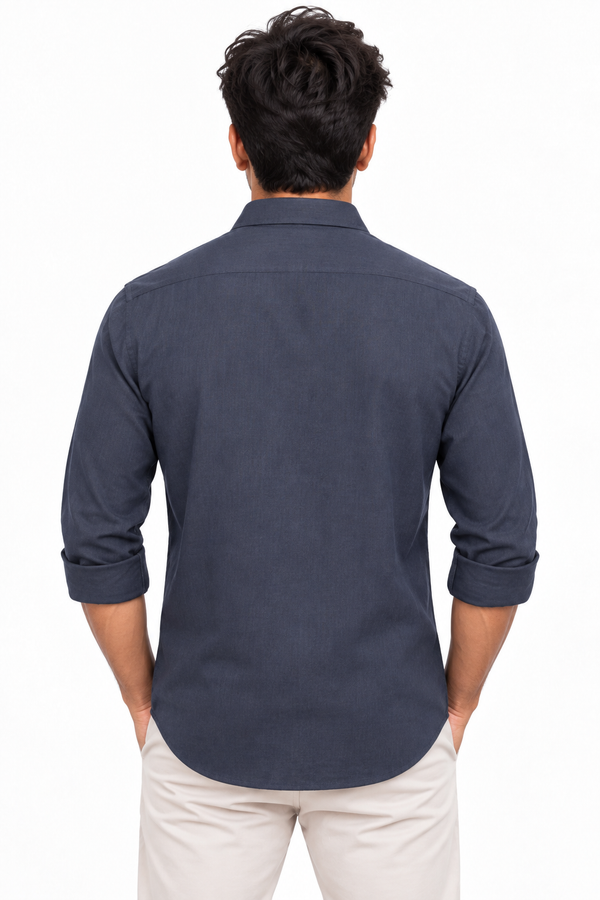 Navy Blue Linen Blended Shirt