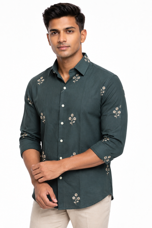 Green Linen Embroidery Shirt