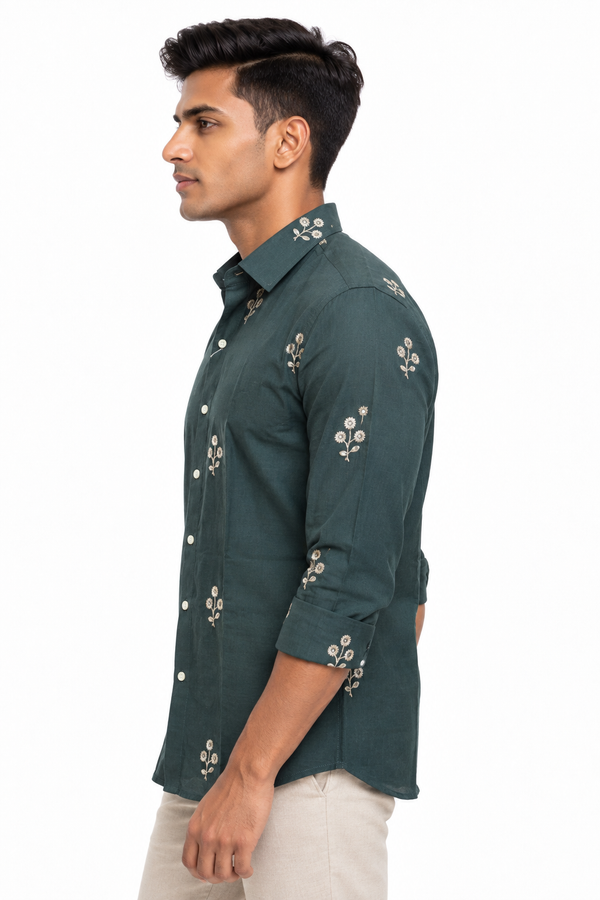 Green Linen Embroidery Shirt