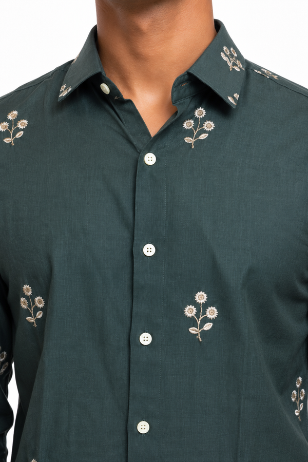 Green Linen Embroidery Shirt
