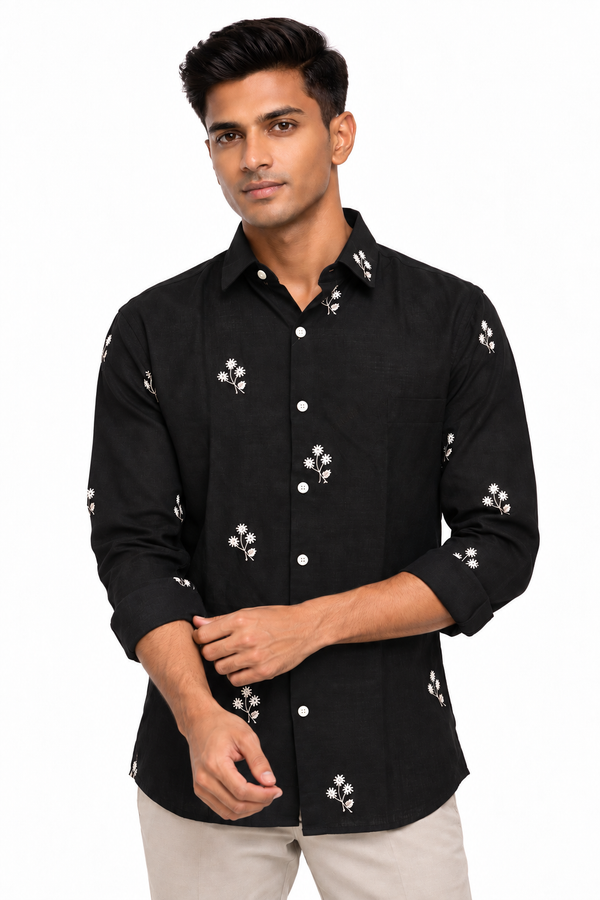 Black Linen Embroidery Shirt