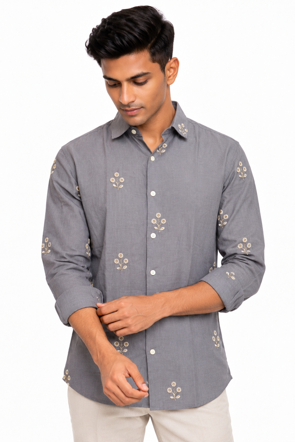 Grey Linen Embroidery Shirt