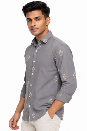 Grey Linen Embroidery Shirt