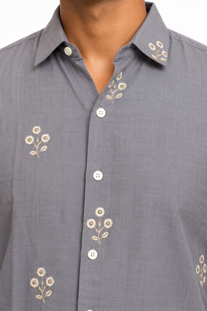 Grey Linen Embroidery Shirt