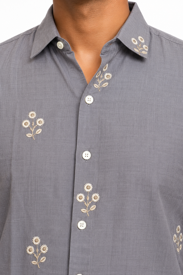 Grey Linen Embroidery Shirt