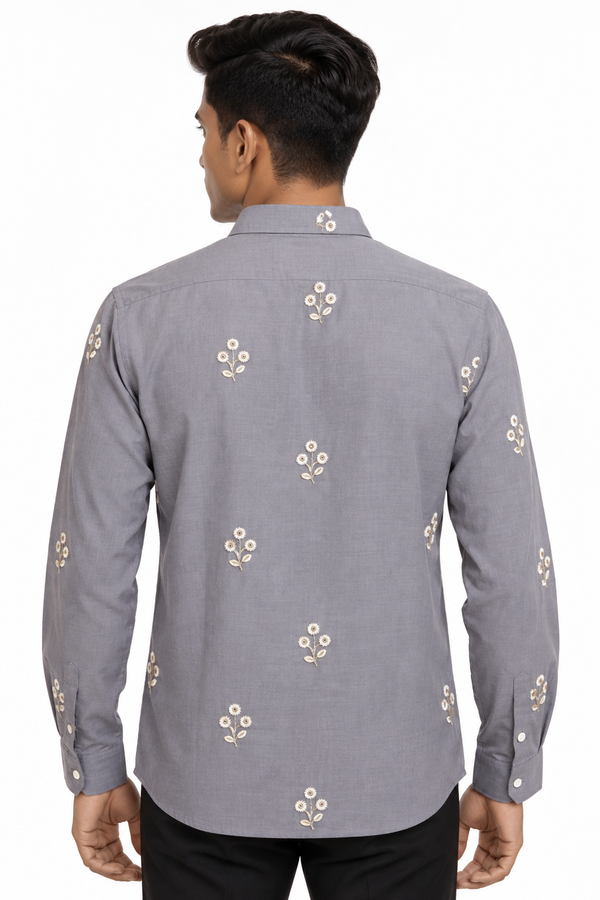 Grey Linen Embroidery Shirt