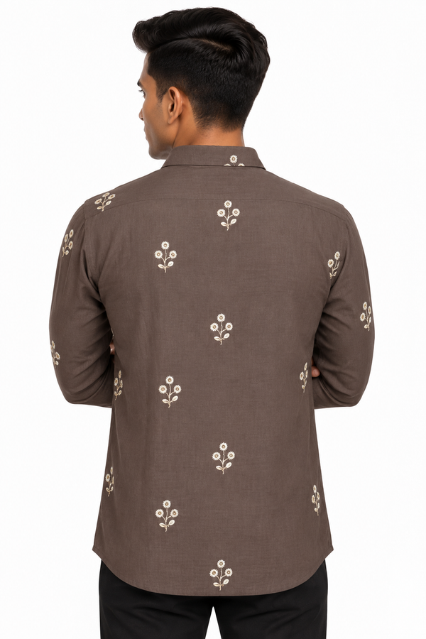 Brown Linen Embroidery Shirt