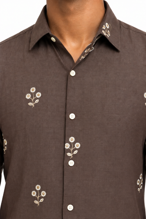 Brown Linen Embroidery Shirt