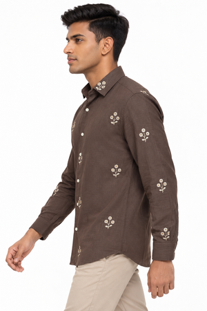 Brown Linen Embroidery Shirt