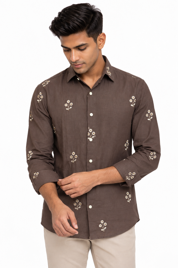 Brown Linen Embroidery Shirt