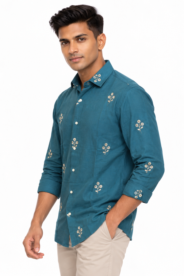 Blue Linen Embroidery Shirt