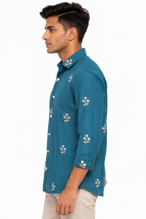 Blue Linen Embroidery Shirt
