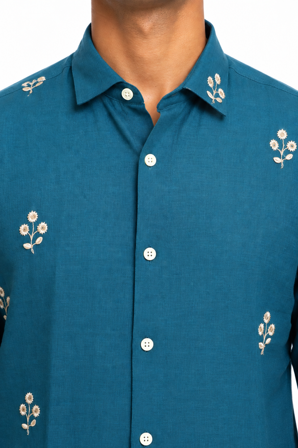 Blue Linen Embroidery Shirt