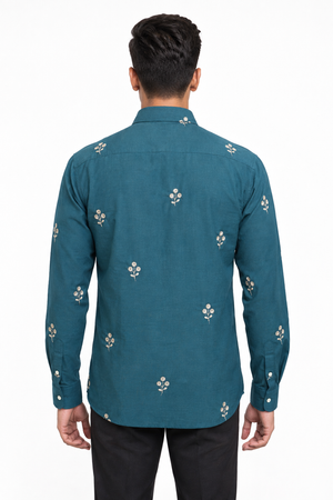 Blue Linen Embroidery Shirt