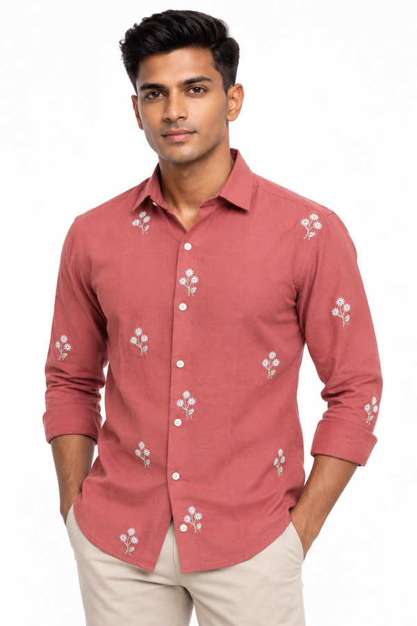 Orange Linen Embroidery Shirt