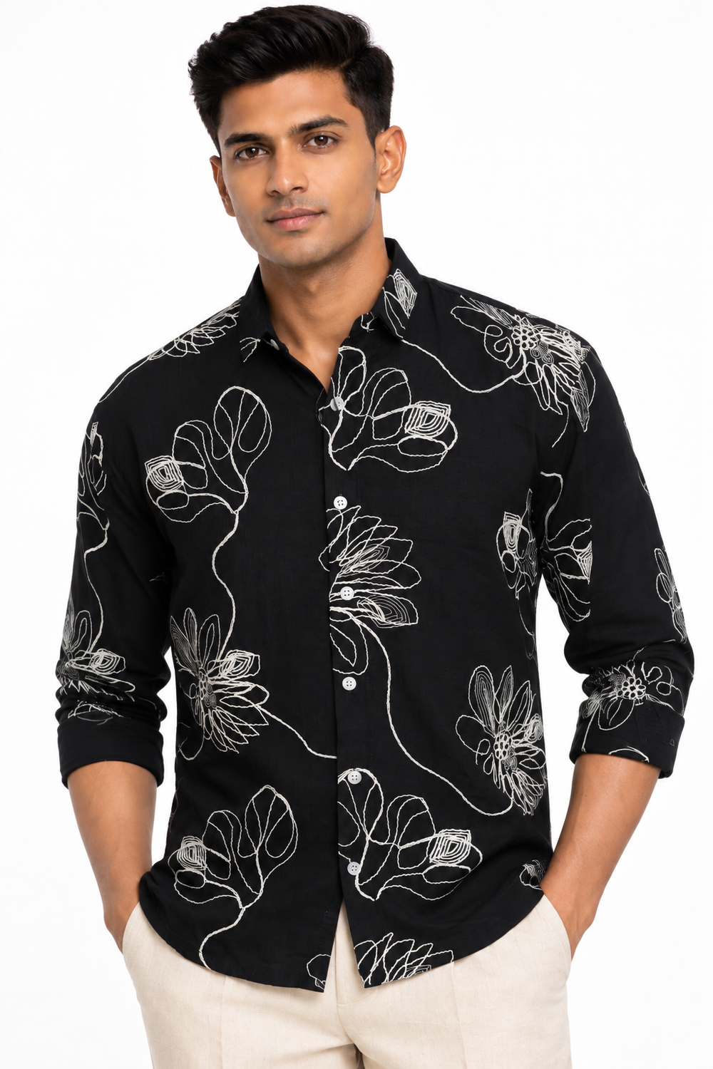 Black Botanical Embroidery Shirt
