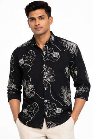 Black Botanical Embroidery Shirt