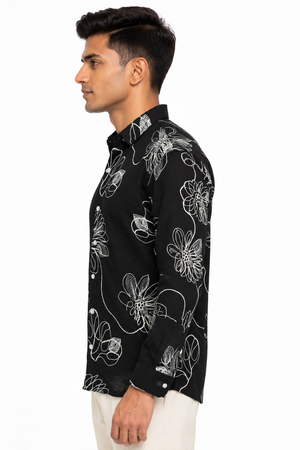 Black Botanical Embroidery Shirt