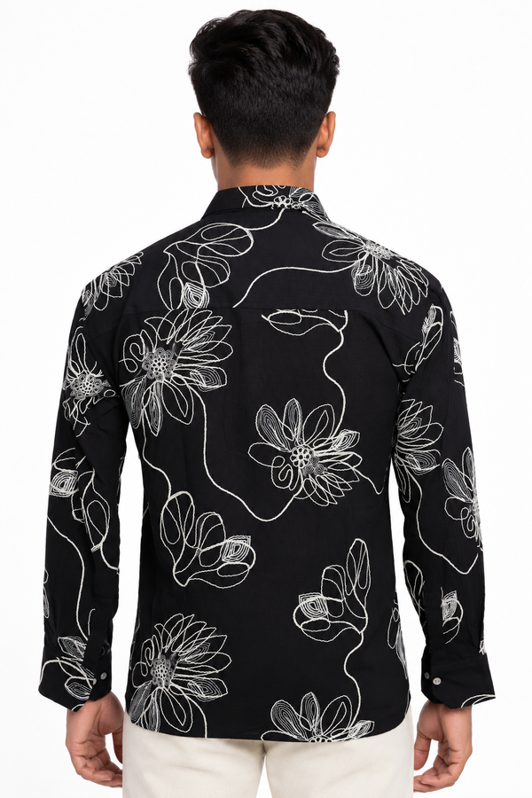 Black Botanical Embroidery Shirt