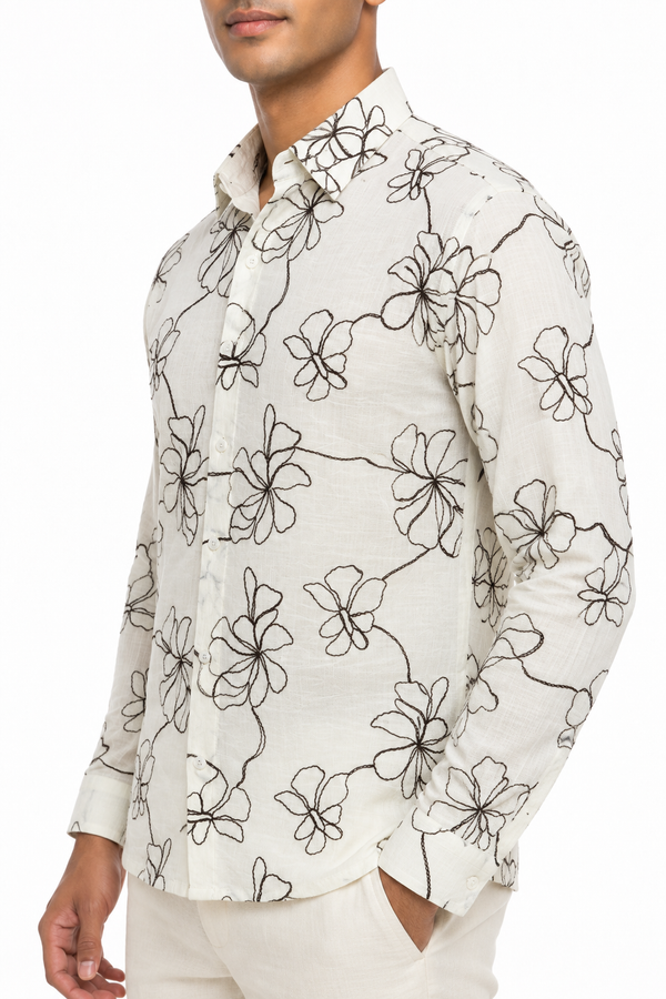 White Floral Embroidery Shirt