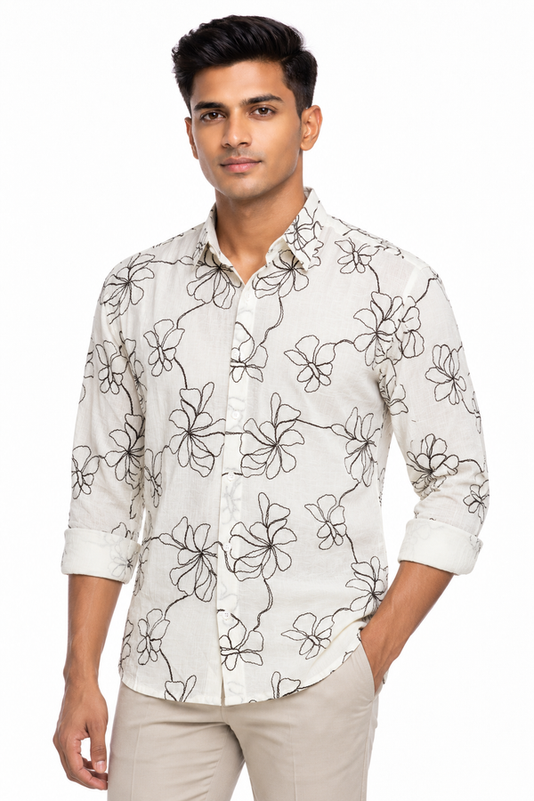 White Floral Embroidery Shirt