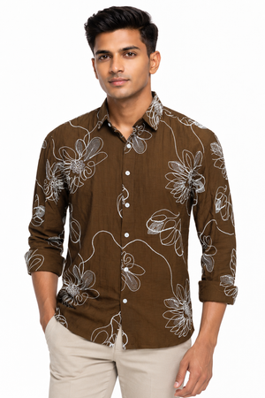 Brown Botanical Embroidery Shirt