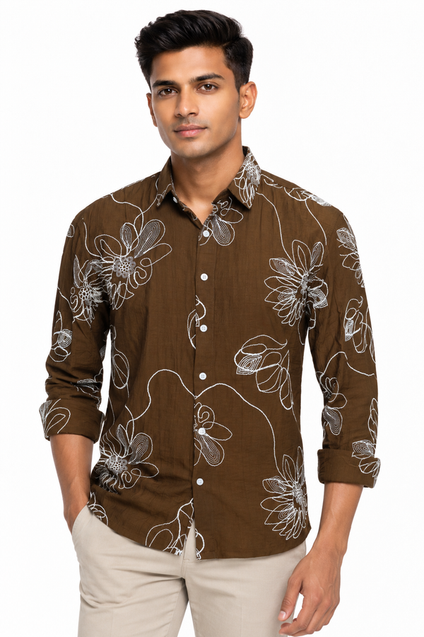 Brown Botanical Embroidery Shirt