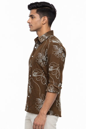 Brown Botanical Embroidery Shirt