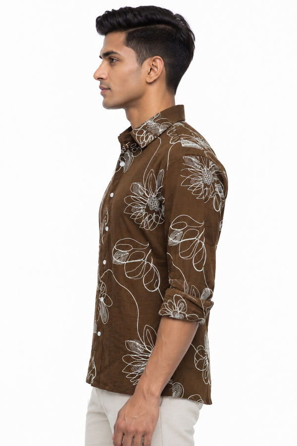 Brown Botanical Embroidery Shirt