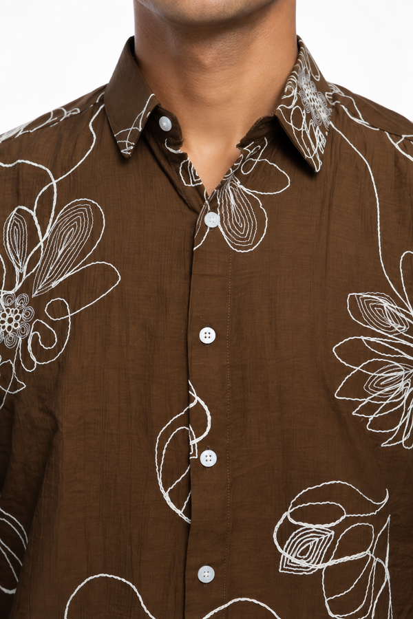Brown Botanical Embroidery Shirt