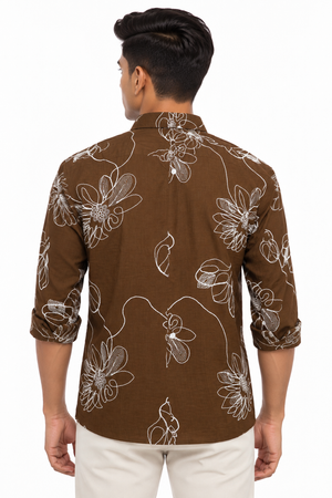 Brown Botanical Embroidery Shirt