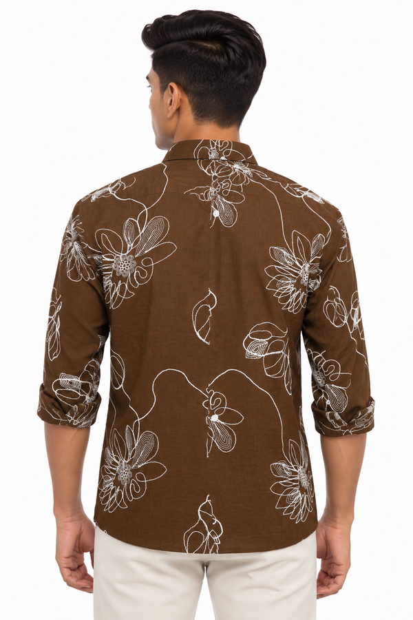 Brown Botanical Embroidery Shirt