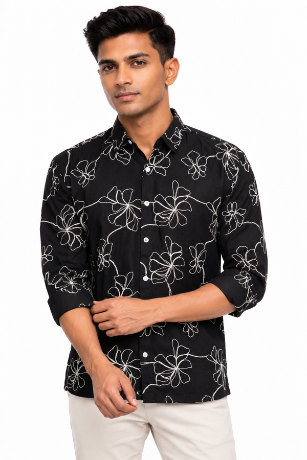Black Floral Embroidery Shirt