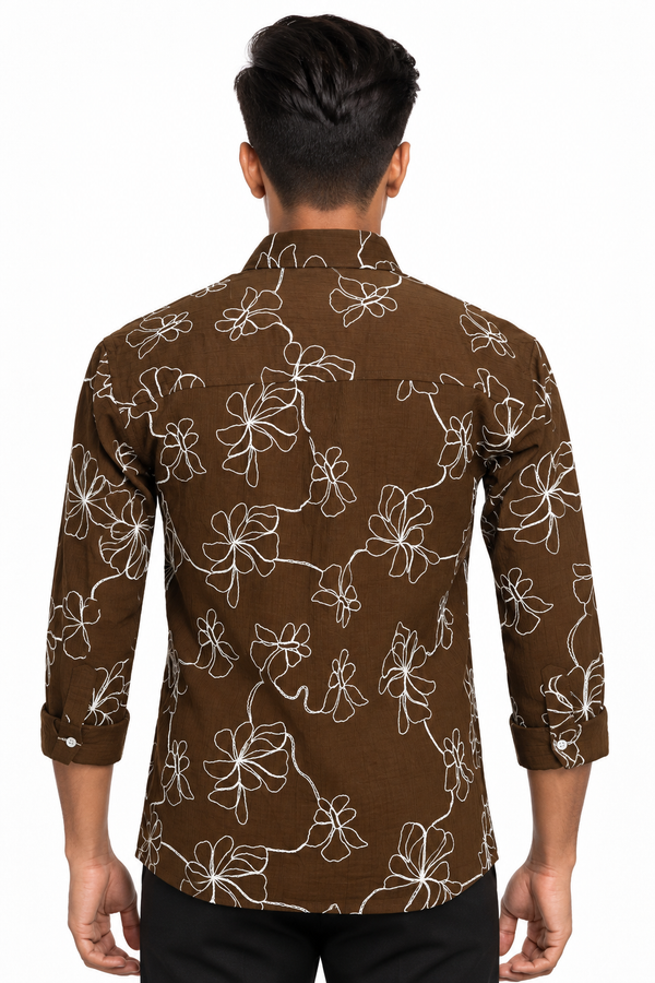 Brown Floral Embroidery Shirt