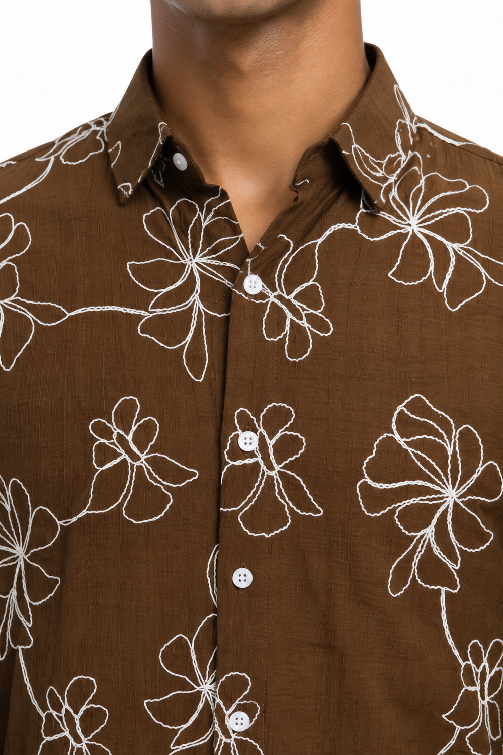 Brown Floral Embroidery Shirt
