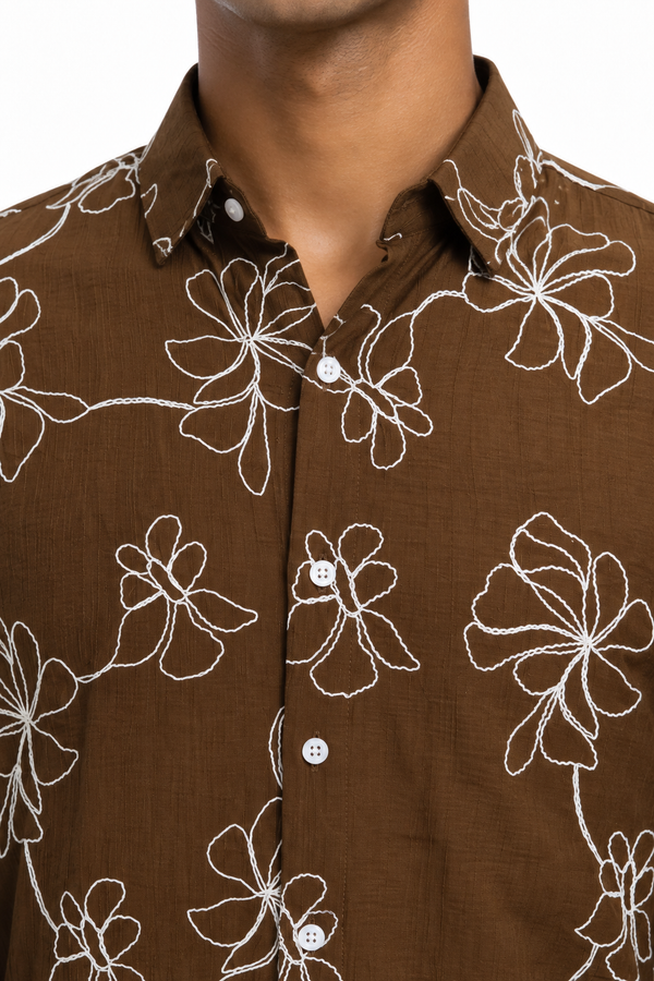 Brown Floral Embroidery Shirt